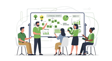 Team discussing sustainable growth and green initiatives in an office setting
