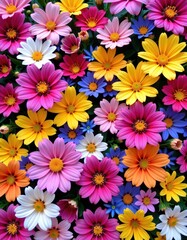 Fototapeta premium Vibrant floral background with a profusion of colorful blooms, perfect for spring or summer designs, cards, or websites, botany, pattern, backdrop