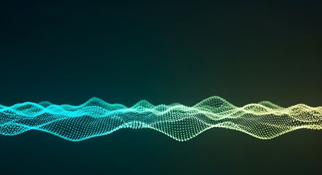 Abstract glowing digital sound wave visualization with vibrant blue and green lights on a dark background
