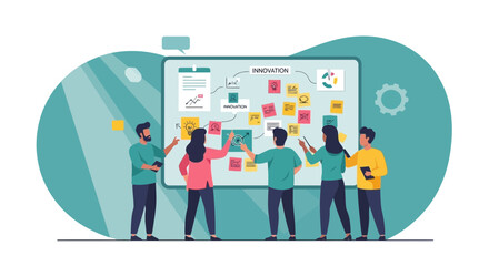 Team examining a business idea on a whiteboard  discussing innovation strategy plans