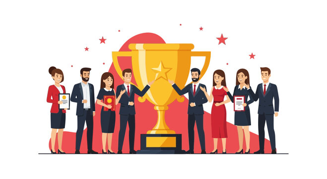 Team celebrating success and achievement with a golden trophy in an office environment