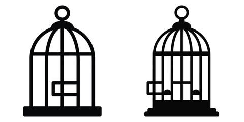 bird cage silhouette pets vector icon set
