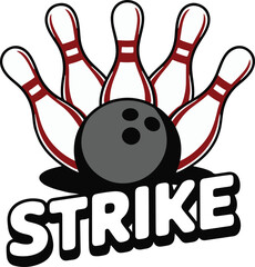 Bowling strike with pins and ball and the word strike in bold lettering