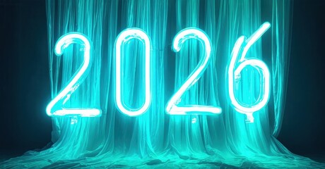 Bright neon digits display year 2026. Turquoise fabric cascades behind numbers, creating dramatic effect. Futuristic, vibrant presentation.