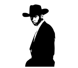 a black and white silhouette of a man in a suit and cowboy hatblack, business suit, cowboy hat, dress hat, fedora, hat, man, stand, suit, sun hat, tie, wear, white 