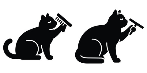 cat grooming itself silhouette pets vector icon set