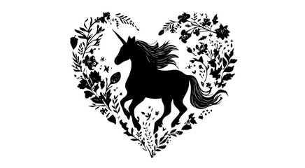 a silhouette of a unicorn surrounded by floral elements in a heart shapeblack, design, flower, heart, horse, illustration, mane, profile, shape, tail, unicorn 