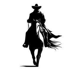 a silhouette of a cowboy riding a horseblack, cowboy, cowboy hat, horse, horseback, lasso, man, profile, ride, sun hat, woman 