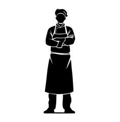 a black and white silhouette of a chef with crossed armsapron, arm, black, cross, dress, illustration, man, profile, robe, stand, wear 