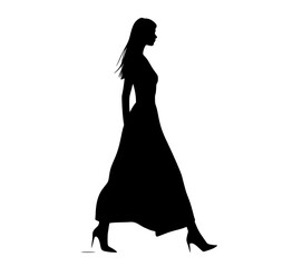 a silhouette of a woman walking in a long dressbeautiful, black, dance, dress, girl, profile, stand, walk, woman 