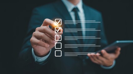 Digital Checklists for efficient business management, Businessman touching marking on checklist guide to paperless assessment and Future Success, Streamlining operations with online surveys