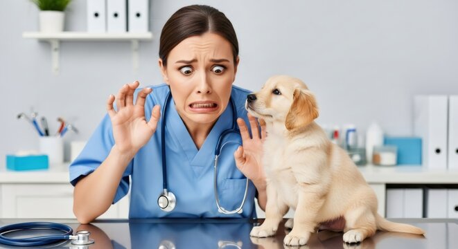 Scared veterinarian making a funny face of shock at a calm puppy in a clinic. Female vet showing an exaggerated expression of fear. Humorous animal phobia concept