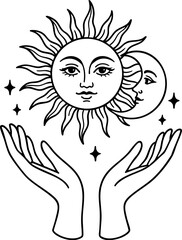 Mystical hands holding moon and sun with faces, elegant celestial vector in black and white line art, spiritual contour design for boho and occult themes