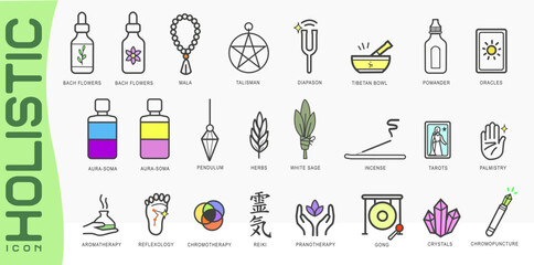 Holistic therapy icon set featuring Bach flowers, aura-soma, crystals, reiki, tarot, white sage, pendulum, and gong. Perfect for wellness, energy healing, and spiritual project.
