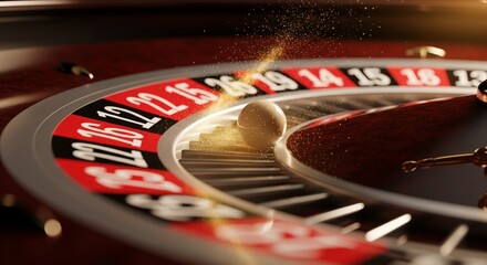 Obraz premium Dramatic close-up of a casino roulette wheel with the ball in motion and a magical trail of golden sparkles under warm soft light. 