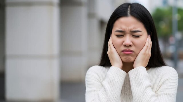 Young asian woman developing headache or hypersensitivity to sound, expressing irritation and discomfort, migraine and autism concept.