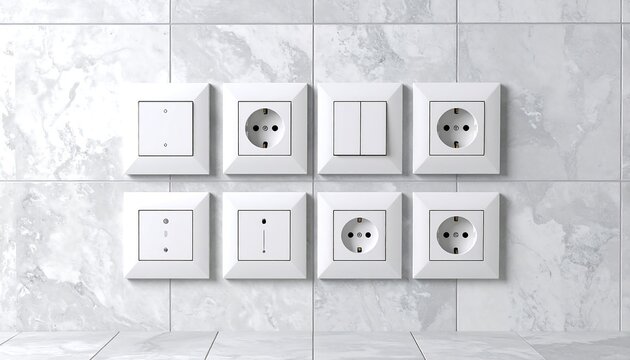 White electrical outlets and switches on a light gray tiled wall