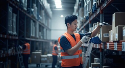 An Asian warehouse worker scans a barcode on a package while on a ladder. Male employee managing inventory in a large distribution center. Logistics and supply chain industry concept