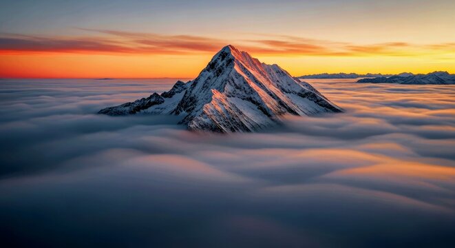 Majestic Snowy Mountain Peak Emerging from Soft Fog at a Cold Sunrise - Powered by Adobe