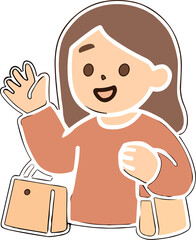 A cute cartoon illustration of a smiling woman waving while holding shopping bags, drawn in warm beige and brown tones with a cozy flat vector style and clean outlines.