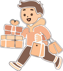 A cute cartoon illustration of a smiling man running with shopping bags and gift boxes, drawn in warm beige and brown tones with a cozy flat vector style and clean outlines.