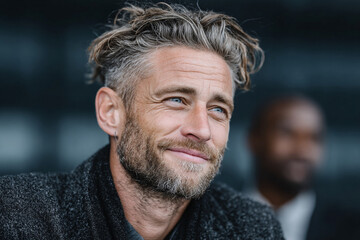 Confident Young Businessman Smiling and Looking Away in Modern Corporate Office Environment