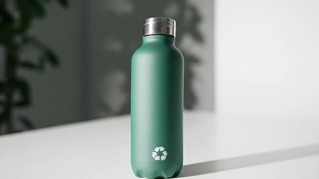 Studio Shot Of Green Bottle with Recycle Logo on White Table Against Plant