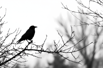 Silhouette of a crow perched on bare branches a stark monochrome image evoking winter suitable for nature blogs and gothic themes