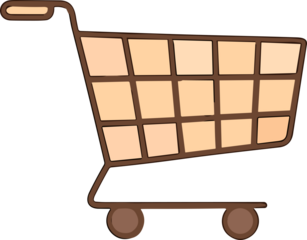 A cute cartoon illustration of a shopping cart in warm beige and brown tones, designed in a simple flat vector style with clean outlines and a friendly, minimalist look.