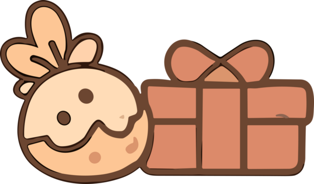 A cute cartoon illustration of a smiling chick with a gift box tied with a bow, designed in warm beige and brown tones with clean outlines and a cheerful, festive style.