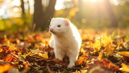 White ferret in autumn leaves (1)