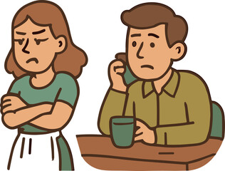A cute cartoon illustration of a couple having an argument, showing a woman with crossed arms and a man holding a cup looking sad, drawn in warm tones with a flat vector style.