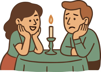 ChatGPT сказал:

A cute cartoon illustration of a couple sitting at a table with a candle, showing a woman happily talking while the man looks bored, drawn in warm tones with a flat vector style.