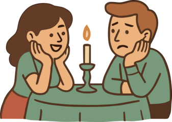 ChatGPT сказал:

A cute cartoon illustration of a couple sitting at a table with a candle, showing a woman happily talking while the man looks bored, drawn in warm tones with a flat vector style.