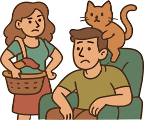 A cute cartoon illustration of a woman standing with a laundry basket, a man sitting in a chair looking sad, and a cat on his shoulder, drawn in warm tones with a cozy flat vector style.