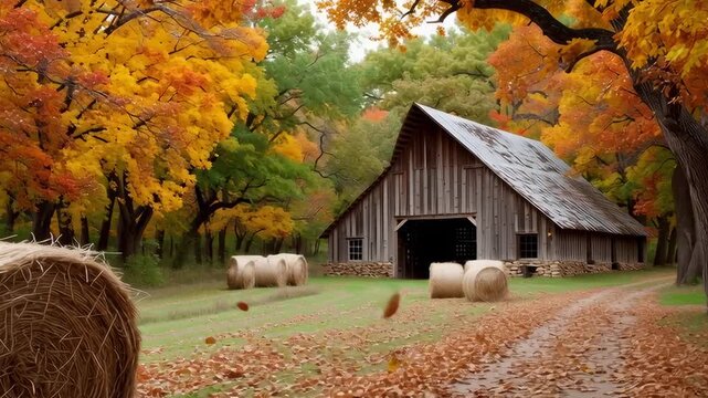 A barn with hay bales in front of it. The barn is old and rustic. The hay bales are in front of the barn and are arranged in a neat row. The scene is peaceful and serene
