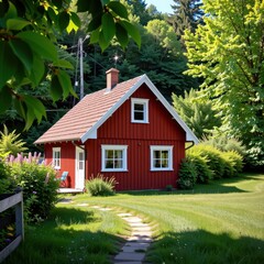 Obraz premium Classic Swedish red wooden house nestled amongst lush greenery, idyllic countryside setting, calm, sweden