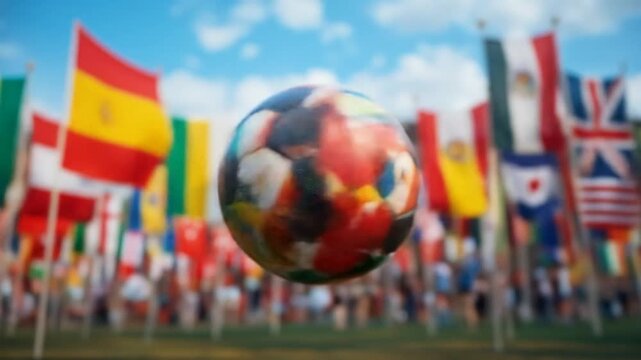 A soccer ball with flags representing participating countries flutters against a blurred background of colorful flags during an international tournament. 4k video