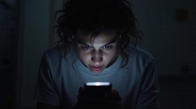 Phone screen glow at 3am, anxious eyes, unread notifications
