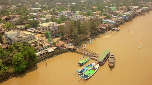  Futuristic aerial view panorama of developing Yangon city , Aerial view of Sule pagoda in downtown, Yangon, Myanmar. Sule Pagoda located in the heart of Yangon, Karaweik royal barge, Kandawgyi Lake, 