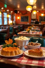 Retro diner, Thanksgiving feast. Turkey, mashed potatoes, pumpkin pie on checkered tablecloths. Autumn leaves, vintage decor, gravy, 1950s, booth
