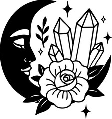 Mystical moon with face surrounded by crystals and flowers, elegant celestial vector in black and white line art, magical  contour illustration for boho and spiritual design