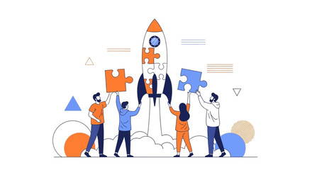 Teamwork illustration with a rocket launching, representing a successful business startup