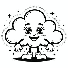 Happy cartoon cloud character with big eyes and sparkles in a retro style