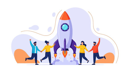 Teamwork and Startup:  People Celebrate Launching a Rocket Successfully, Achieving Goals