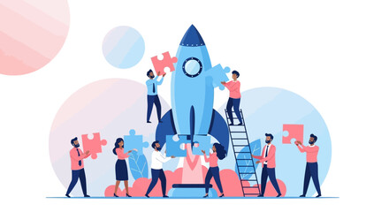 Teamwork and Startup Concept: Assembling a Rocket with Puzzle Pieces for Success