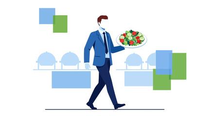 Fototapeta premium The Well-dressed Professional Walks With A Plate Of Fresh Salad At A Catering Meal