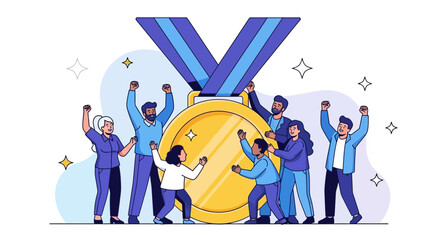 Teamwork Celebrates Success, Gathering Together Around A Giant Golden Medal