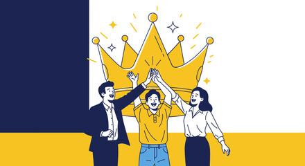 Teamwork Celebrates Victory Under A Golden Crown And Marks Success In Business