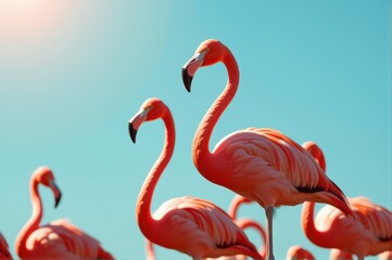 Fototapeta premium Pink flamingos bask in the warm sunlight, their vibrant plumage contrasting against a clear blue sky, wildlife, pond